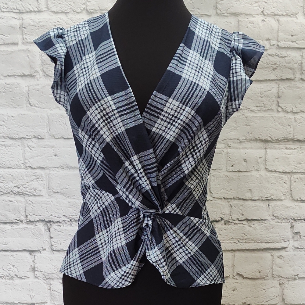 Laundry Shelli Segal Flutter Ruffle Sleeve Blouse Plaid Navy Blue White Small